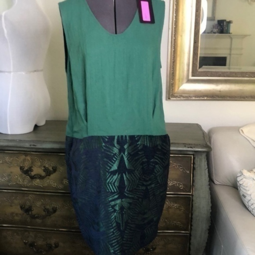 NWT Color block  dress LUXURY Blue Green Shimmer Large
